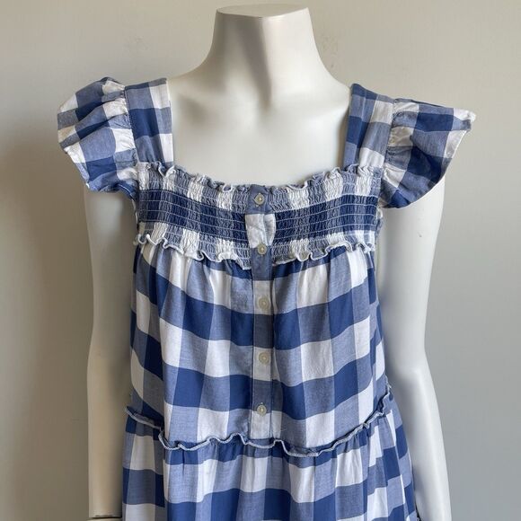 Old Navy Blue White Gingham Tiered Flutter Sleeve Midi Swing Dress Size Large - Picture 2 of 16